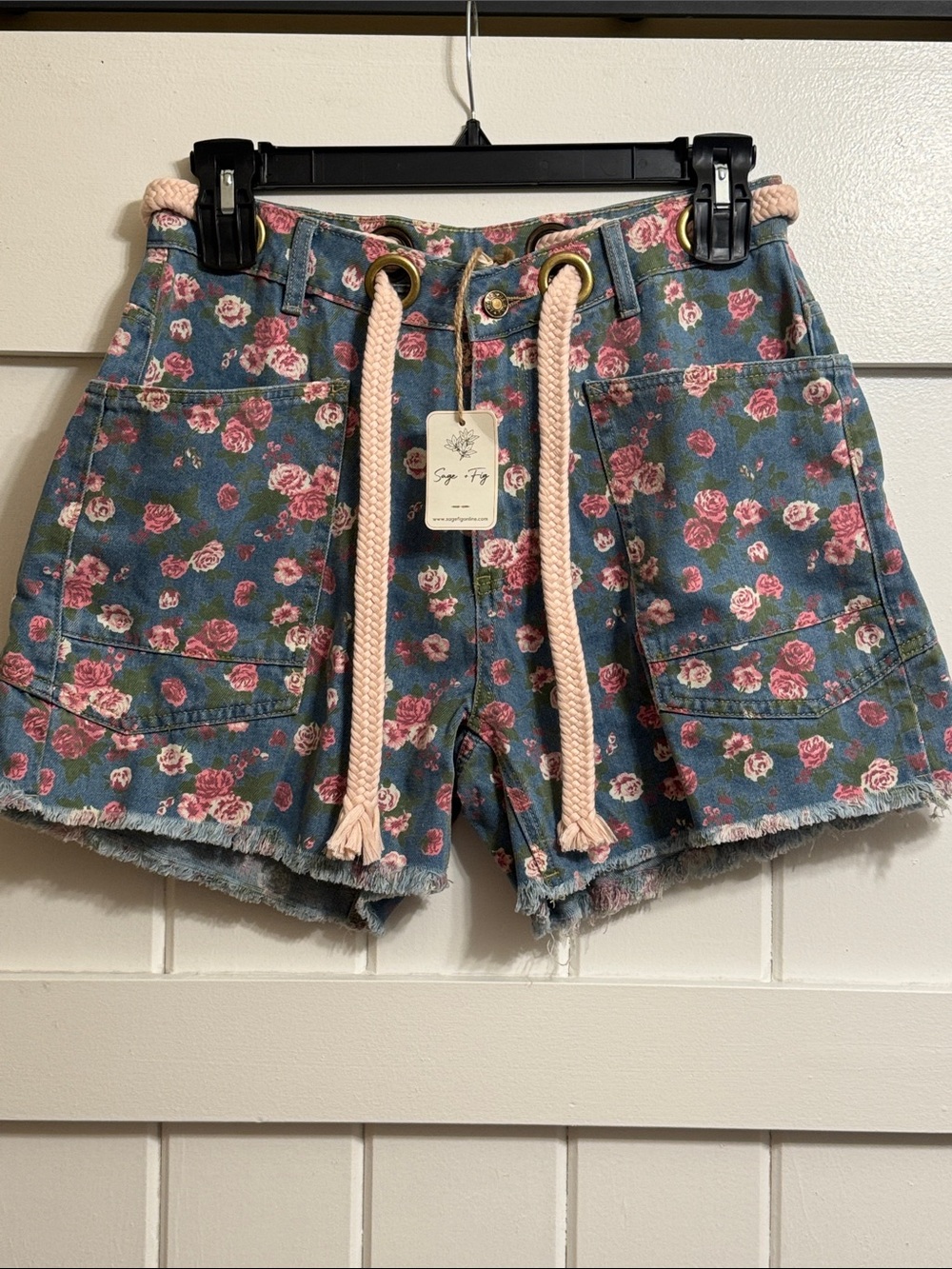 Sage & Fig Pink Floral Denim Shorts with Braided Rope Tie